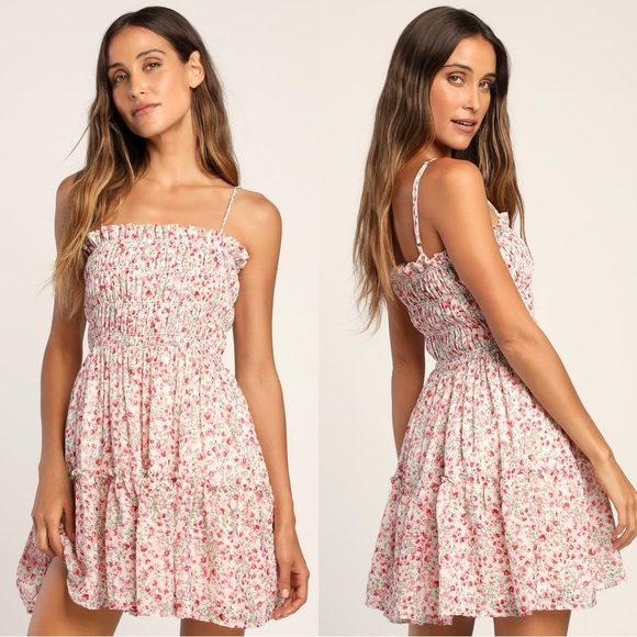 NWOT Lulus‎ Petal Perfection Pink Floral Print Smocked Tiered Mini Dress - Picture 1 of 9